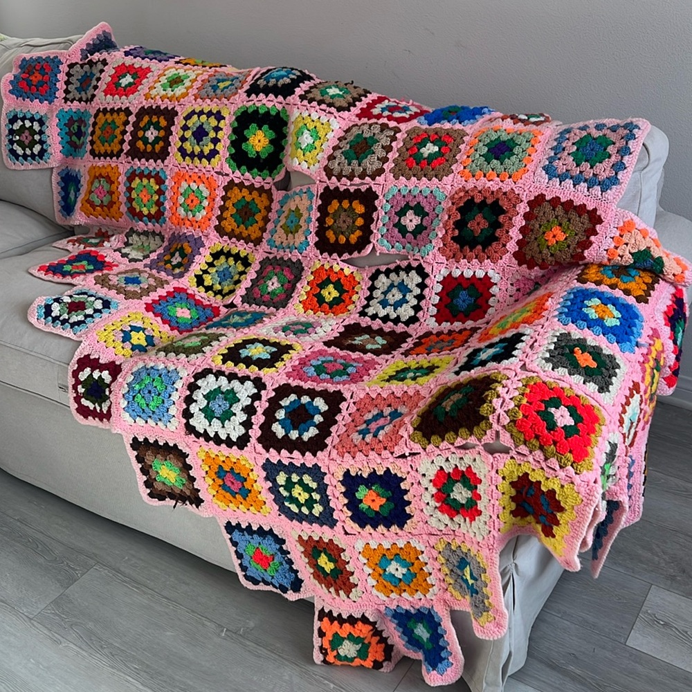 Handmade Granny Pink Multi Color Knit Crochet Blanket